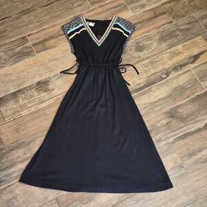 Vintage Black Floral Stripe Detail Cap Sleeve V-neck Midi Dress PBJ Jerell, XS